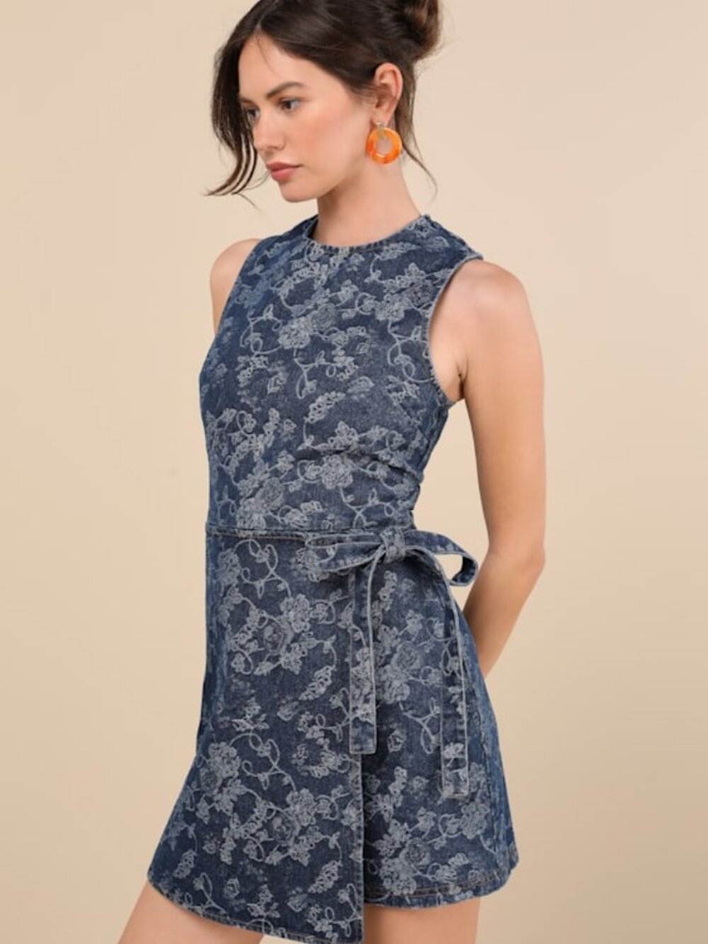 Lulus Albena Dark Wash Floral Denim Sleeveless Mini Wrap Dress Blue - Size M